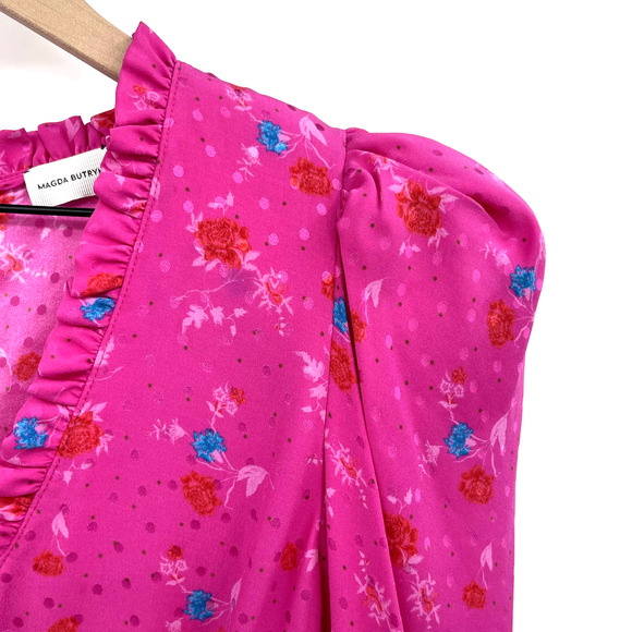 MAGDA BUTRYM Carlton Dress Ruched Mini Dress Hot Pink Silk Ruffles Floral Print - Picture 13 of 16